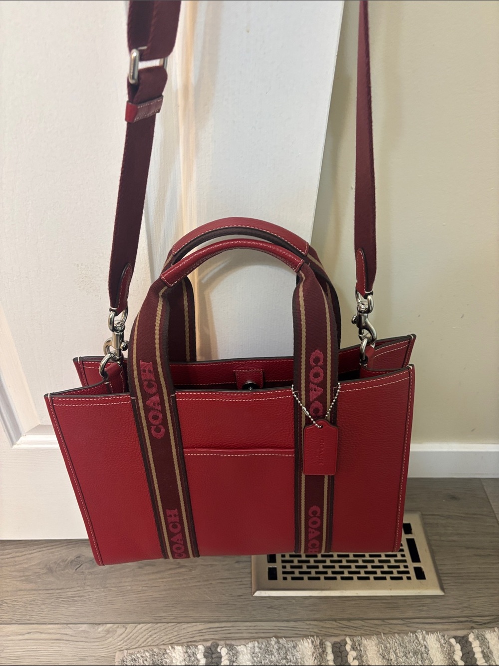 Coach Red Pebbled Leather Tote with Branded Strap - Picture 6 of 8